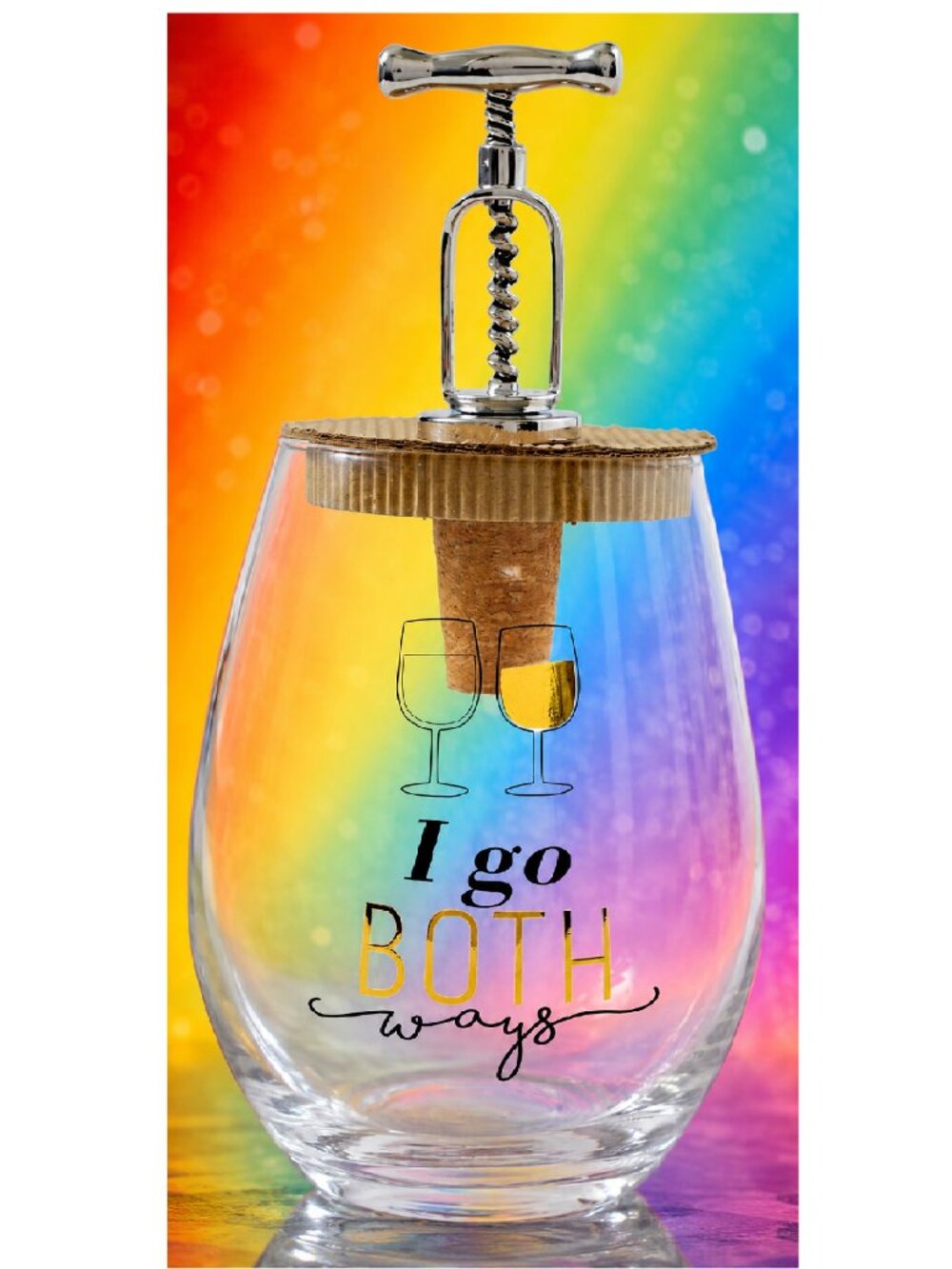 "I Go Both Ways" Stemless Wine Glass & Corkscrew Bottle Stopper by Mud Pie